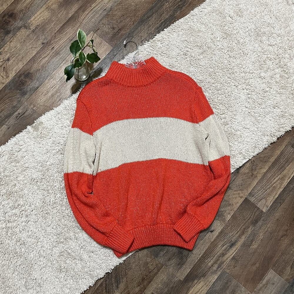 Aerie Size XS Oversized Beige Orange Striped Mock Neck Pullover Sweater
